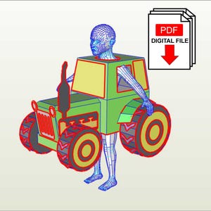 Könnte beinhalten: Eine digitale PDF-Datei mit einer Drahtgitter-Menschenfigur in einem grünen Traktorkostüm. Das Kostüm hat einen grün-roten Körper, ein schwarzes Auspuffrohr und große Räder. Der Text "PDF DIGITAL FILE" ist zusammen mit einem roten Pfeil zu sehen.