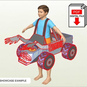 May include: A digital PDF file for a wearable cardboard monster truck costume featuring a grey body with red outlines, large black tires, and the word ZOMBIE printed in red on the side. The design includes a front grill with teeth and claw-like arms.