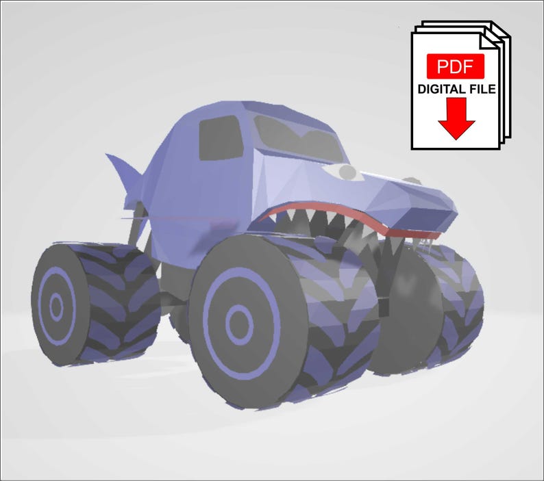May include: A printable PDF pattern for a blue monster truck with a shark fin and teeth. The monster truck has large black tires with white stripes.