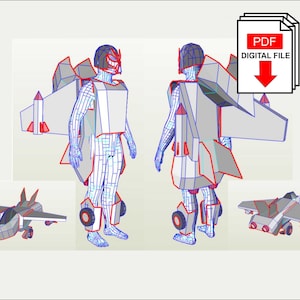 Plantillas digitales de disfraz de niño de cartón transformador de caza a reacción