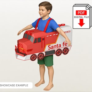 May include: A wearable train costume featuring a red and white locomotive design with the text Santa fe printed on the side. The costume is held up by red shoulder straps and includes a digital file icon with the text PDF DIGITAL FILE.