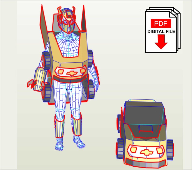 Puede incluir: Una descarga digital de un modelo de papercraft imprimible de un robot amarillo y negro que se transforma en un coche. El robot tiene un dise&ntilde;o de estructura de alambre azul y rojo. El coche tiene un parabrisas negro y un logotipo de Chevrolet amarillo y negro.