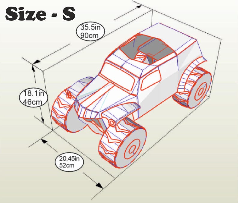 Pu&ograve; includere: Vista isometrica di un'auto giocattolo con contorni rossi e blu, etichettata "Size - S". L'auto misura 90 cm di lunghezza, 52 cm di larghezza e 46 cm di altezza. Le ruote sono rosse con un disegno del battistrada.