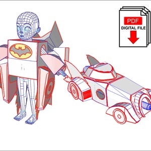 Puede incluir: Un patrón PDF imprimible para un disfraz de Batman y un Batimóvil de cartón. El disfraz incluye una capa, una capucha y una pieza de pecho con el logotipo de Batman. El Batimóvil es un diseño clásico con un capó largo y aletas.