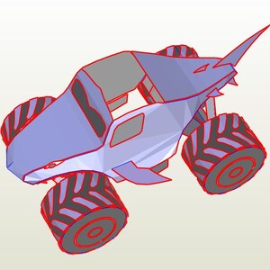 May include: A blue and gray monster truck with a shark fin and teeth, with large black tires.