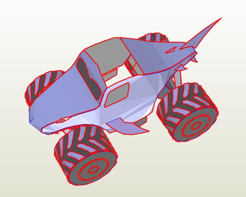 May include: A blue and gray monster truck with a shark fin and teeth, with large black tires.