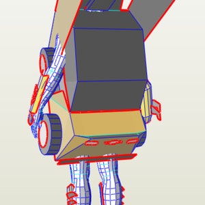 Puede incluir: Un modelo 3D de un robot en forma de veh&iacute;culo. El robot est&aacute; hecho de cart&oacute;n y tiene un esquema de color gris, marr&oacute;n y amarillo. El robot est&aacute; en posici&oacute;n de pie con los brazos y las piernas extendidos.