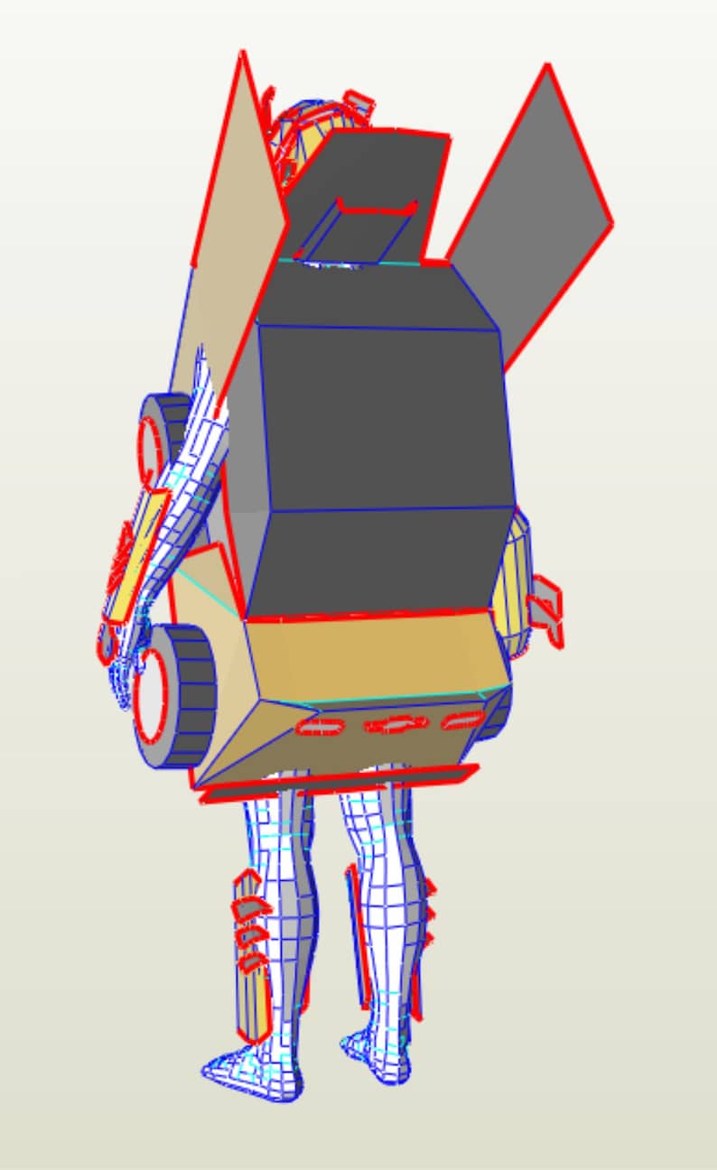 Puede incluir: Un modelo 3D de un robot en forma de veh&iacute;culo. El robot est&aacute; hecho de cart&oacute;n y tiene un esquema de color gris, marr&oacute;n y amarillo. El robot est&aacute; en posici&oacute;n de pie con los brazos y las piernas extendidos.
