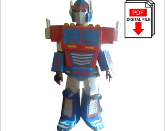 May include: A cardboard cutout costume of Optimus Prime, a robot from the Transformers franchise. The costume is blue, red, and white and features a truck cab design. The costume is a digital file, available for download as a PDF.