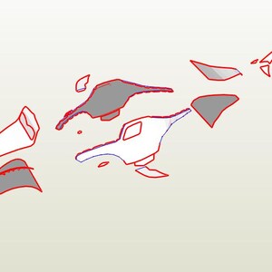 May include: A digital illustration of a car, broken down into separate pieces. The pieces are outlined in red and blue, and the car is gray.
