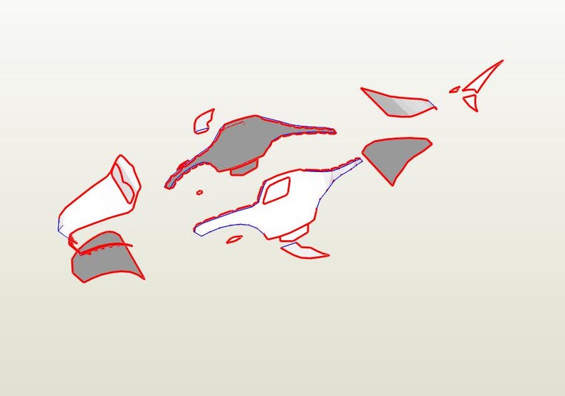 May include: A digital illustration of a car, broken down into separate pieces. The pieces are outlined in red and blue, and the car is gray.
