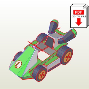 May include: A green and gray papercraft race car with a red outline, featuring a large "L" on the front. The wheels are black with red and gold accents. A PDF digital file icon is in the upper right corner.