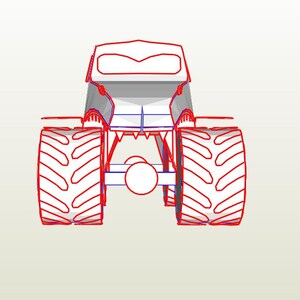 May include: Line drawing of a monster truck with large tires and a grill that looks like a set of teeth. The truck is white and the tires are red.