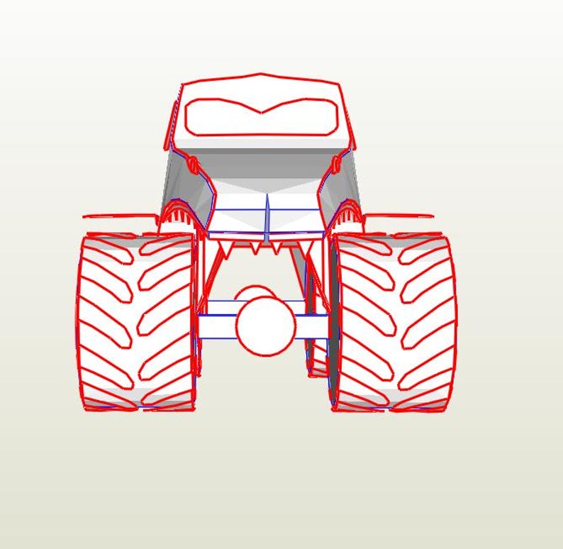 May include: Line drawing of a monster truck with large tires and a grill that looks like a set of teeth. The truck is white and the tires are red.