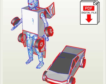 May include: A digital download PDF file for a printable papercraft model of a person wearing a car costume. The model is outlined in red and blue lines. The car costume has wheels and a large rectangular body. The PDF file also includes a printable papercraft model of a car. The car model is outlined in red lines and has a gray body.