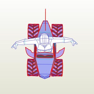 May include: A blue and red papercraft model of a monster truck with a driver in a helmet. The truck has large wheels and a detailed body.