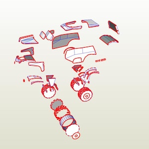 Pu&ograve; includere: Una vista esplosa di un kit di modello di monster truck, con varie parti sparse. Le parti sono delineate in rosso, con sezioni grigie e bianche. Le ruote sono rosse e bianche. Il testo "ONE OF ONE" &egrave; visibile.