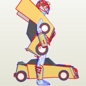 Puede incluir: Un robot amarillo y negro en forma de coche. El robot est&aacute; de pie con los brazos extendidos. La forma del coche es un coche deportivo amarillo con detalles negros. El robot est&aacute; hecho de alambre y est&aacute; en un dise&ntilde;o 3D.