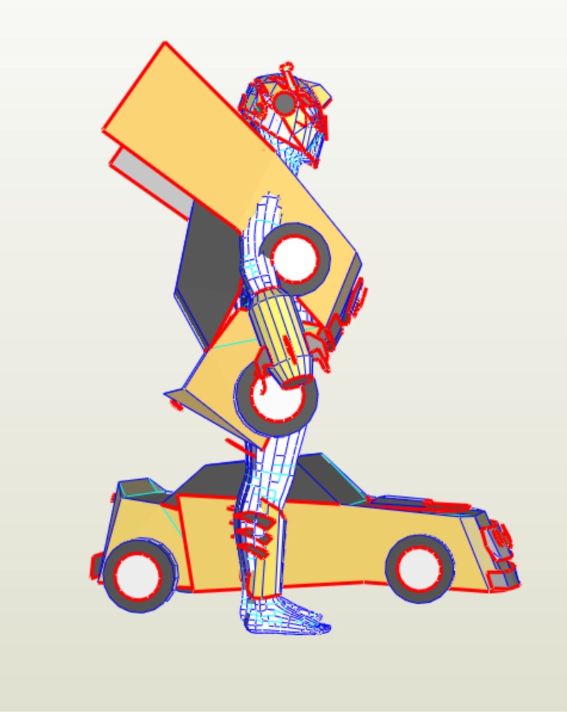 Puede incluir: Un robot amarillo y negro en forma de coche. El robot est&aacute; de pie con los brazos extendidos. La forma del coche es un coche deportivo amarillo con detalles negros. El robot est&aacute; hecho de alambre y est&aacute; en un dise&ntilde;o 3D.