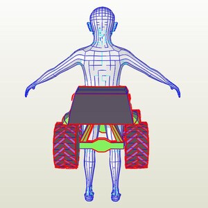 Pu&ograve; includere: Modello 3D a filo di una persona con le braccia tese, integrato con un veicolo. Il veicolo presenta grandi ruote rosse con un motivo a spina di pesce, una base verde e una parte superiore grigio scuro.