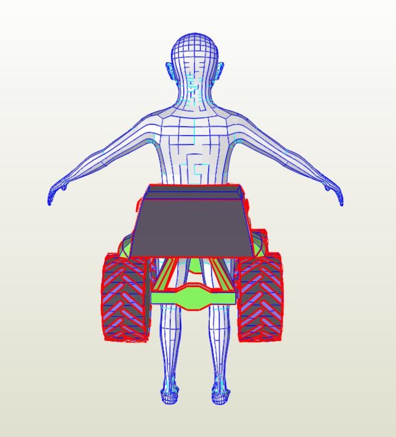 Pu&ograve; includere: Modello 3D a filo di una persona con le braccia tese, integrato con un veicolo. Il veicolo presenta grandi ruote rosse con un motivo a spina di pesce, una base verde e una parte superiore grigio scuro.