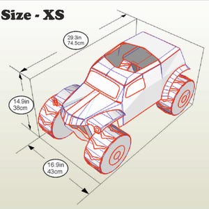 Pu&ograve; includere: Un diagramma di un'auto giocattolo, taglia XS, con dimensioni in pollici e centimetri. L'auto &egrave; bianca con contorni rossi e blu, con ruote grandi e un design della carrozzeria dettagliato. L'auto &egrave; lunga 74,5 cm, larga 43 cm e alta 38 cm.