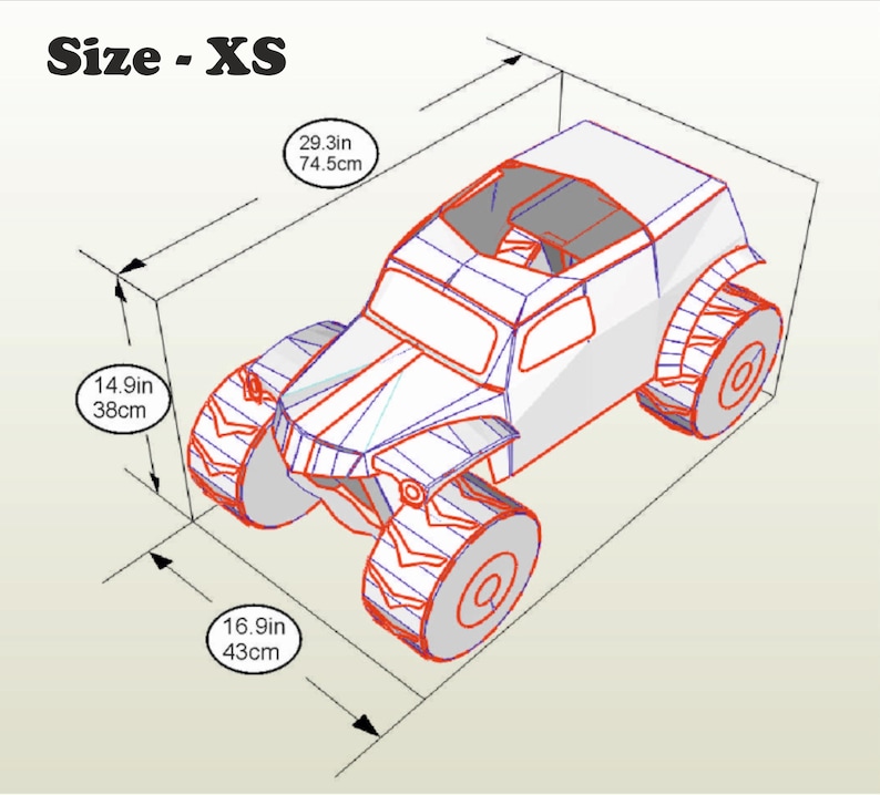 Pu&ograve; includere: Un diagramma di un'auto giocattolo, taglia XS, con dimensioni in pollici e centimetri. L'auto &egrave; bianca con contorni rossi e blu, con ruote grandi e un design della carrozzeria dettagliato. L'auto &egrave; lunga 74,5 cm, larga 43 cm e alta 38 cm.