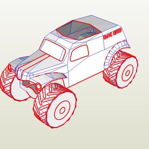 Pu&ograve; includere: Un giocattolo di monster truck bianco e grigio con grandi pneumatici bordati di rosso. Il camion ha un design squadrato con una cabina visibile e la scritta "GAME OVER" sul lato. I pneumatici hanno un disegno dettagliato.