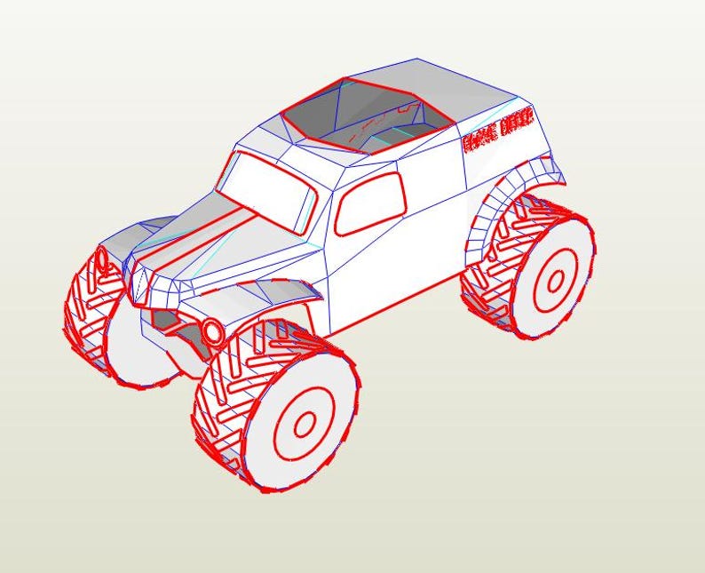 Pu&ograve; includere: Un giocattolo di monster truck bianco e grigio con grandi pneumatici bordati di rosso. Il camion ha un design squadrato con una cabina visibile e la scritta "GAME OVER" sul lato. I pneumatici hanno un disegno dettagliato.
