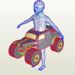 Könnte beinhalten: Eine digitale Illustration einer Person mit Leiterplattendesign, die einen grauen Monstertruck trägt. Der Truck hat große rote und grüne Reifen, mit dem Wort "GMC" an der Seite.
