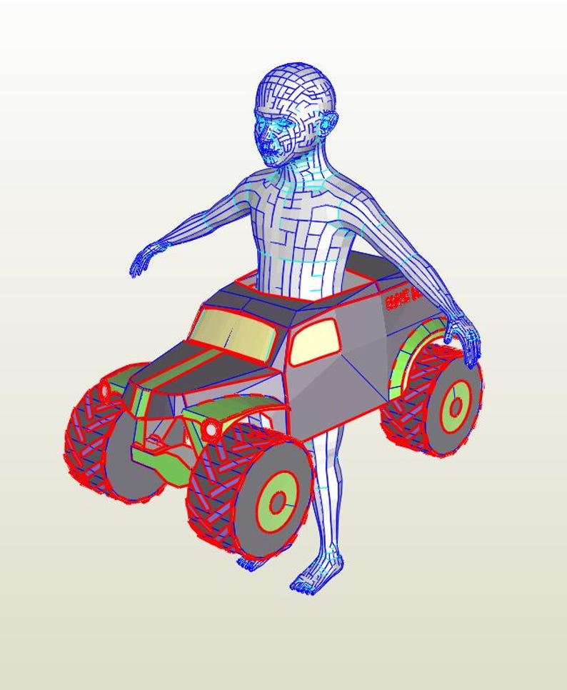 Pu&ograve; includere: Un'illustrazione digitale di una persona con un design di circuito stampato, che indossa un monster truck grigio. Il camion ha grandi pneumatici rossi e verdi, con la scritta "GMC" sul lato.
