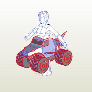 May include: A blue and gray monster truck with a shark fin and large wheels. A white wireframe figure is sitting in the driver's seat.