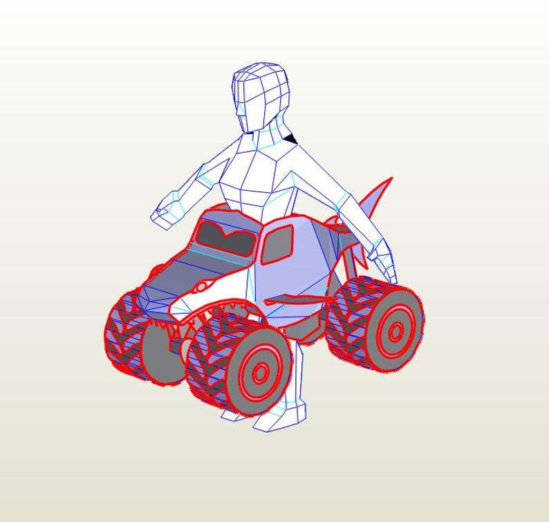 May include: A blue and gray monster truck with a shark fin and large wheels. A white wireframe figure is sitting in the driver's seat.