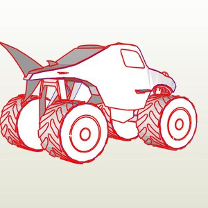 May include: A white monster truck with a shark fin on the back. The truck has four large wheels and a gray cab.