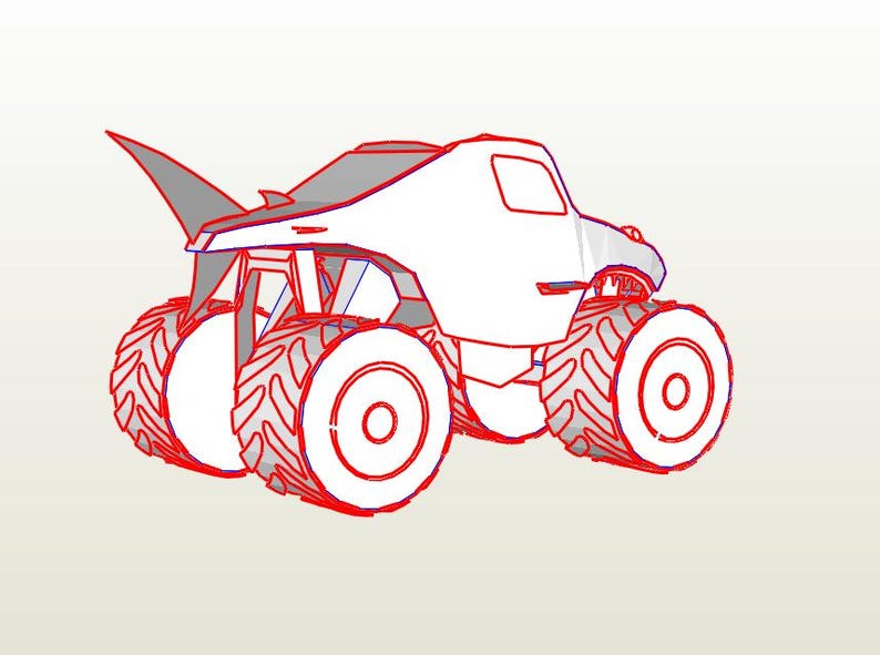 May include: A white monster truck with a shark fin on the back. The truck has four large wheels and a gray cab.