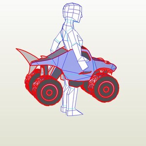 May include: A blue and red papercraft model of a monster truck with a shark fin on the hood. A white papercraft model of a person is holding the monster truck.