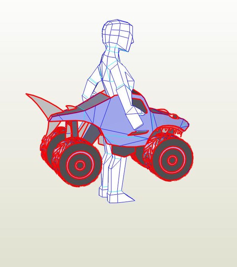 May include: A blue and red papercraft model of a monster truck with a shark fin on the hood. A white papercraft model of a person is holding the monster truck.