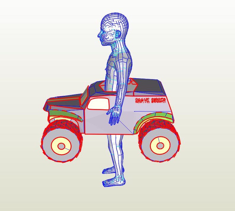 Pu&ograve; includere: Vista laterale di una figura a filo metallico in piedi all'interno di un monster truck grigio e nero. Il camion ha grandi ruote rosse e il testo "BRAVE DRIVER" sul lato.