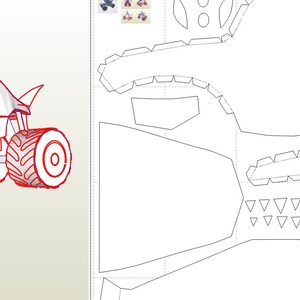 May include: A red line drawing of a monster truck with four large wheels and a fin on the back. The truck is on a white background.