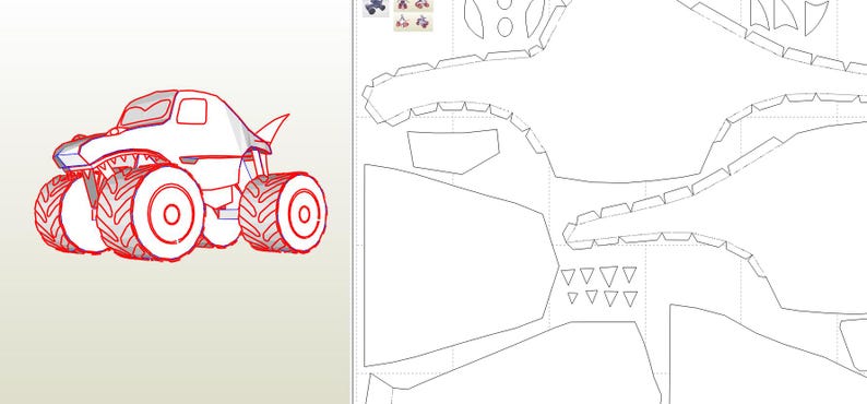 May include: A red line drawing of a monster truck with four large wheels and a fin on the back. The truck is on a white background.