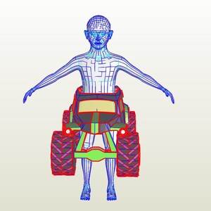 Pu&ograve; includere: Modello 3D a filo di una persona integrata in un design di monster truck. Il camion ha grandi pneumatici rossi, un telaio verde e una cabina nera e grigia. Il modello &egrave; reso in linee blu e rosse, con le braccia tese.