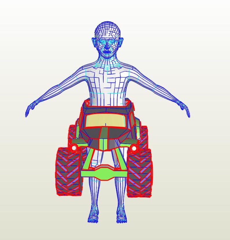 Pu&ograve; includere: Modello 3D a filo di una persona integrata in un design di monster truck. Il camion ha grandi pneumatici rossi, un telaio verde e una cabina nera e grigia. Il modello &egrave; reso in linee blu e rosse, con le braccia tese.