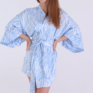 SILK KIMONO COSTUME, Short Silk Robe, Blue Zebra Animal Comfortable Silk Kimono Robe, Plus Size Party Wear, Ukrainian handmade image 2