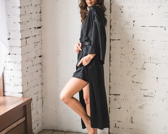 SILK KIMONO ROBE, Long Silk Robe, Black Comfortable Silk Kimono Robe, Plus Size Party Wear Summer Kimono Dress For Women