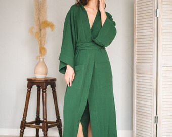 PLUS SIZE KIMONO, Long Kimono Robe, Handmade Bride Natural Green Muslin Japanese Classic Kimono, Organic Hen-party Long Sleeve Womens Robe