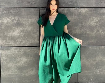 LONG LINEN DRESS, Organic Linen Dress, Ukrainian Fabric, Wrap Green  Linen Dress,Short Sleeve Green Linen Dress, Gift For Mom