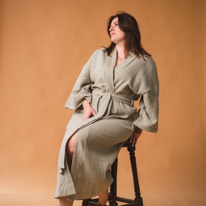PLUS SIZE KIMONO, Long Kimono Robe, Handmade Natural Mint Muslin Japanese Classic Kimono, Organic Long Sleeve Womens Bathrobe, Summer Cape