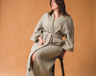 PLUS SIZE KIMONO, Long Kimono Robe, Handmade Natural Mint Muslin Japanese Classic Kimono, Organic Long Sleeve Womens Bathrobe, Summer Cape