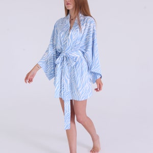 SILK KIMONO COSTUME, Short Silk Robe, Blue Zebra Animal Comfortable Silk Kimono Robe, Plus Size Party Wear, Ukrainian handmade image 4