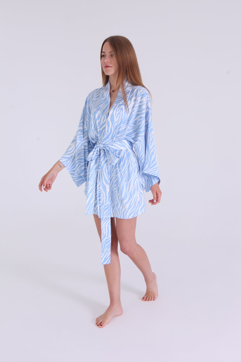 SILK KIMONO COSTUME, Short Silk Robe, Blue Zebra Animal Comfortable Silk Kimono Robe, Plus Size Party Wear, Ukrainian handmade image 4